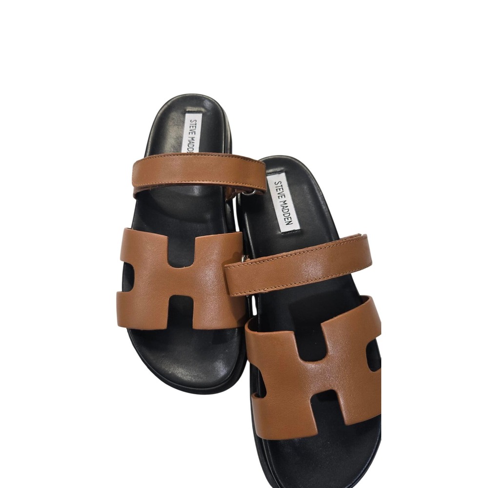 Steve Madden Mayven Cognac Leather H-Strap Slide Sandals Brown Womens 9.5